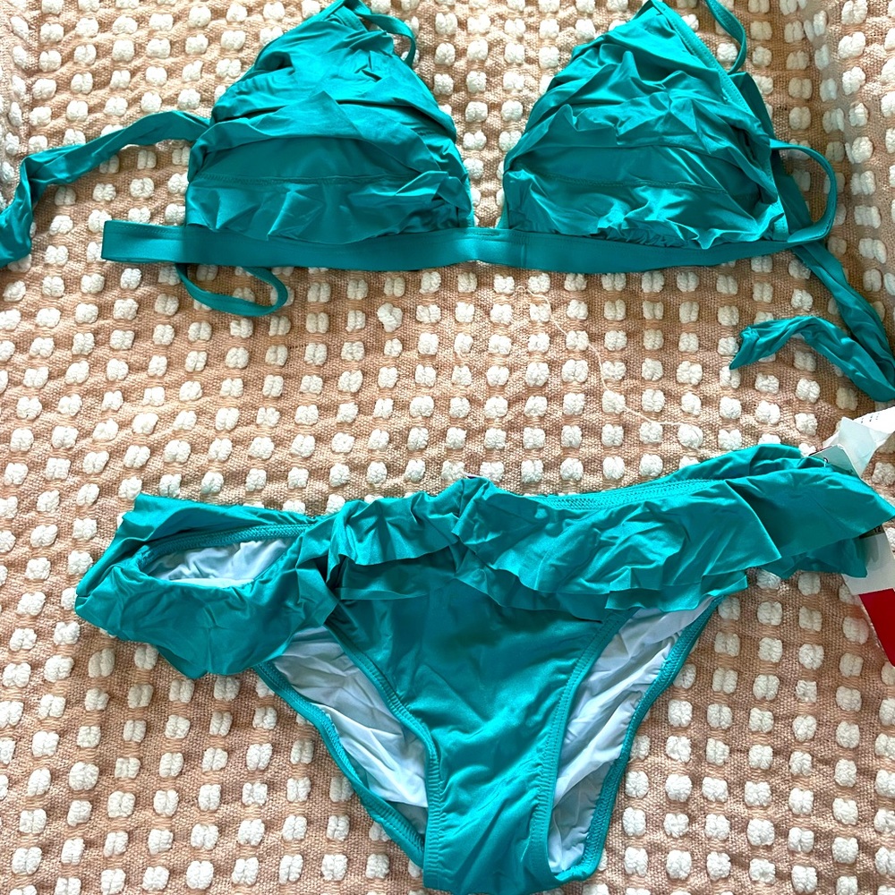 Turquoise 2 price bathing suit with ruffles